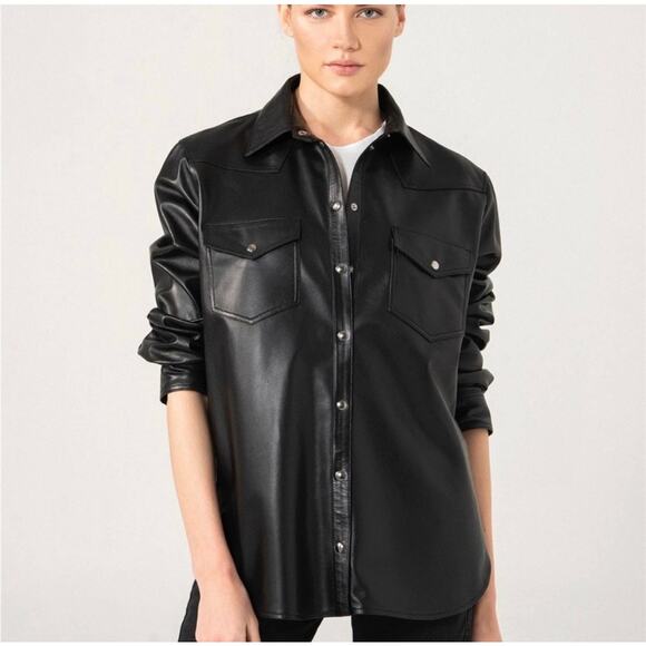 Baccini Womens Vegan Faux Leather Snap Down Shirt Shacket Size Small Black Goth - Picture 1 of 7